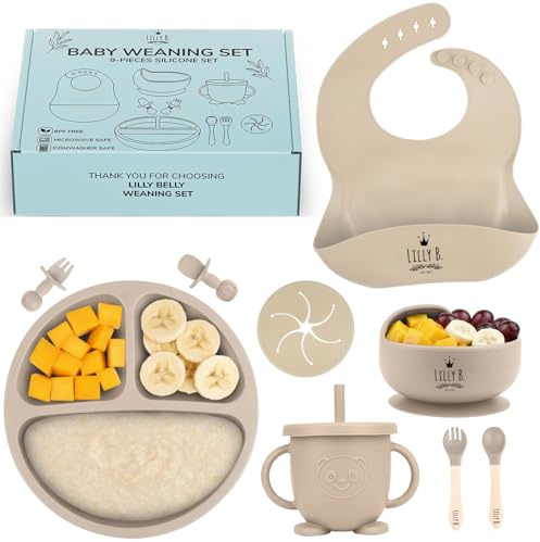 Baby Weaning Set – 9pc BPA Free Silicone Weaning Set with Suction Weaning Plate, Weaning Bowls, Sippy Cup, Weaning Bib, Weaning Spoons – Baby Led Weaning Kit for Babies & Toddlers (Cream)