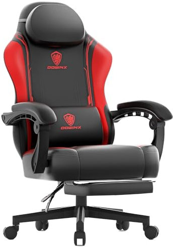 Dowinx Gaming Stuhl, Ergonomischer Gamer Sessel aus PU-Leder mit Lendenstütze, Massagefunktion und breiter Rückenlehne, Belastbar bis 150 kg, rot