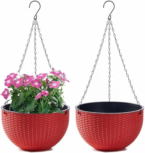 Youning Blumenampel Hängend Außen und Innen Kunststoff Hängetopf für Pflanzen 2 Stück Blumentopf Hängend Hängeampel mit Kette Selbstbewässerung Hängepflanztöpfe für Blume Decken Balkone Garten (Rot)