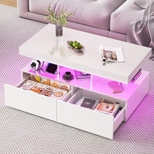 Table Basse Blanc Laqué avec Éclairage LED, Table Basse Rectangulaire avec 2 Tiroirs et Ouvert Compartiments Rangement, Tables de Salon Moderne pour Salon, Bureau, Chambre à Coucher, 104x53x46cm