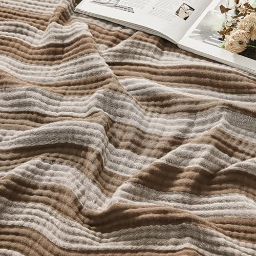 EMME Musselin Decke 100% Baumwolle 230x230 Gestreift Braun Tagesdecke | 4-Lagig Weiche Atmungsaktive Sofadecke & Überwurf Für Erwachsene Ganzjährig Vorgewaschen Couch Bettdecke