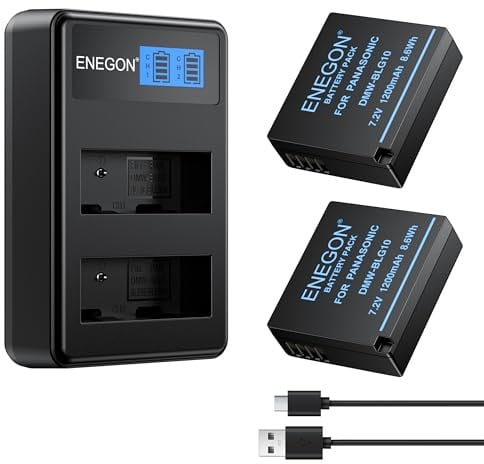 ENEGON 2er-Pack 1200mAh DMW-BLE9/BLG10E Akku + Ladegerät, USB-C Kabel | High capacity & LCD Display Compatible Panasonic Lumix LX100, LX100II, TZ202/TZ101/TZ99/TZ91/TZ81, DMC-GX7/GX9/GX80/GX85