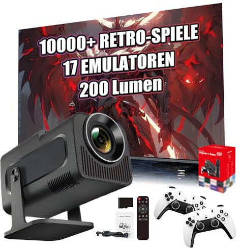 HCS350 Mini Tragbarer Intelligenter Projektor mit WLAN & Bluetooth, Konsole mit 10000+ Spiel 17 Emulator, 200 Lumen, 1280 * 720P, Android 11 Filmprojektor für den Außenbereich, Heimkino (Rot Kasten)