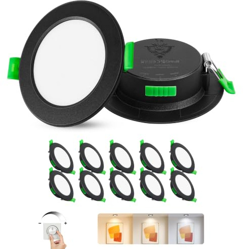 Laiebri 10er Led Einbaustrahler 230V Schwarz - Extra Flach IP44 Deckenstrahler - Ø68-75mm Einbau Deckenspots 5W 600LM, 2700K/4000K/6000K Deckenlampe Deckenleuchte led für Badezimmer Wohnzimmer Küche