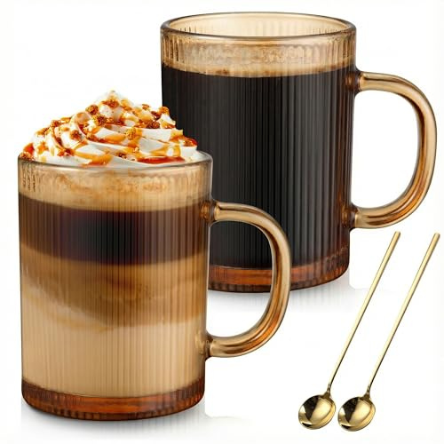 Anhow 2er Cappuccino Tassen, 350ml Latte Macchiato Gläser mit Löffel Gläser Geriffelt Espresso Tassen Set Kaffeegläser für Latte/Cappuccino/Getränke/Tee/Kaffee - Gold
