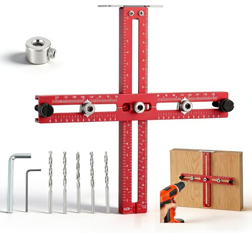 Cabinet Hardware Doweling Jig, Cabinet Door Installation Positioner with Graduated Scale Pointer & Adjustable Double-Ended Screw, Adjustable Mounting Jig Punch Locator for Knobs, Handles and Pulls