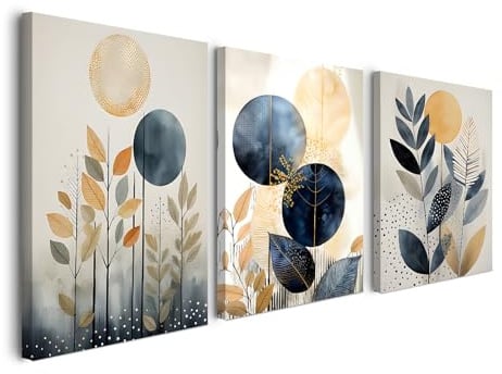 3er Set Wandbild mit Rahmen 30×40 cm – Blau Gold Botanische Blumen Natur Leinwandbilder für Wohnzimmer Schlafzimmer Büro – Skandinavisch Wanddeko mit Rahmen, inkl. Haken, Nägel & Magischem Klett zur