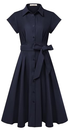 GRACE KARIN Women's Summer Short Sleeve Shirt Dress A-Line Midi Dresses | Lapel Neck Buttons Front Shirt Dresses Casual Elegant Tie Waist Dresses for Women UK with Pocets Work Wedding