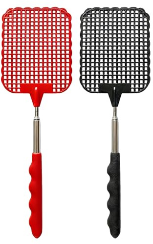 Fliegenklatsche Ausziehbar,Fliegenklatsche Stabil,Insektenklatsche Mit Edelstahl Griff,Fliegenfänger Insektenfänger Fliegenschutz vor Insekten, Fliegen, Mücken, Wespen (Schwarz,Rot)