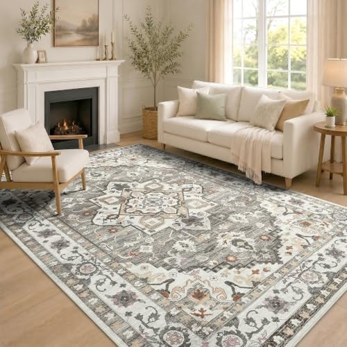 Homaxy Vintage Teppich Wohnzimmer Waschbarer 120x160 cm, Akzent Taupe | Kurzflor Rutschfest Groß Teppiche Boho Weich Carpet für Schlafzimmer, Kinderzimmer, Küche