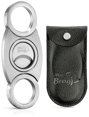 Mrs. Brog Stainless Steel Cigar Cutter with Back Protector - Round Ends and Body - Leather Pouch - Guillotine Double Blade for a Precise Perfect Cut