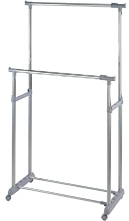 WENKO Kleiderständer Twin Bars, Garderobenständer zur Kleideraufbewahrung mit Rollen, verstellbaren Kleiderstangen und Ablage, Kunststoff/Metall, 88 x 100-168 x 11 - 49 cm, Chrom/Grau