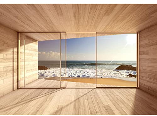 Runa Art Papier Peint panoramique Fenêtre à la mer 352 x 250 cm Toison Mur XXL Moderne Décoration Murale Salon Chambre á Coucherr Bureau Salle brun bleu 9051011a