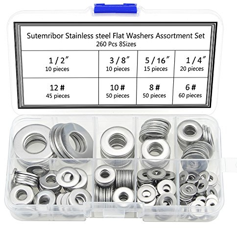 Sutemribor 260PCS 8 dimensioni in acciaio INOX piatto rondelle, 1/2 3/8 5/16 1/12 4# 10# 8# 6# Hardware guarnizione assortimento kit
