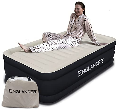 Englander First Ever Microfiber Air Mattress Twin Size, Airbed With Built In Pump, Highest End Blow Up Bed, Inflatable Air Mattresses For Guests Home Travel 5-Year Warranty (Black)