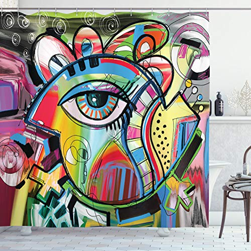 ABAKUHAUS Zeitgenössisch Duschvorhang, Bunte Kunst Eye, Stoffliches Gewebe Badezimmerdekorationsset mit Haken, 175 x 200 cm, Mehrfarbig