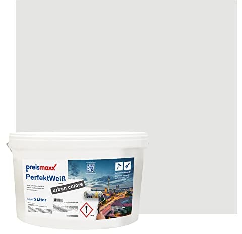 Preismaxx Perfektweiß urban colors, bunte Wandfarbe, grau, silbergrau, silver grey 5L, Innenfarbe, hohe Deckkraft Klasse 2, matt