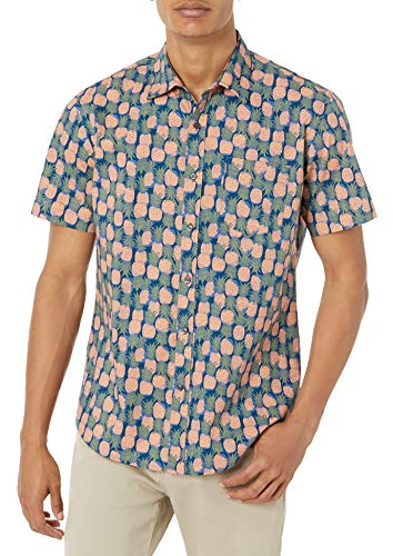 Amazon Essentials Chemise Imprimée à Manches Courtes Coupe Régulière Homme, Bleu Marine Pêche Imprimé Ananas, L