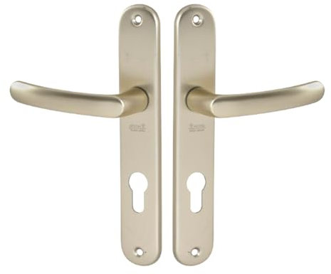 Vachette Set de Poignée de Porte sur Grande Plaque - Version Clé I, Porte d'Entrée, Bureau, Garage - Entraxe 195 mm - Système de Pose Facile - Aluminium Résistant - Finition Champagne - Garantie 2 Ans