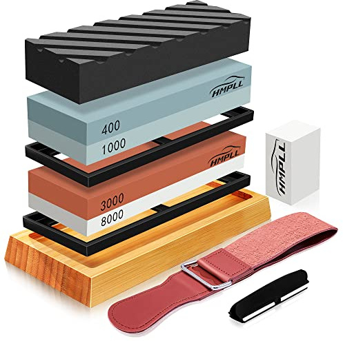 HMPLL Knife Sharpening Stone Set, Professional Whetstone 4 Side Grit 400/1000 3000/8000, Whetstone Knife Sharpener Stone Set Include Non-slip Base, Leather Strop, Flattening Stone & Angle Guide