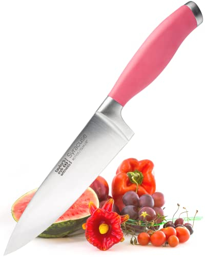 Stainless Steel 15cm/6 Chefs Knife - Taylors Eye Witness Raspberry Syracuse Collection, Ultra Fine Cutting Edge, Razor Sharp Blade. Soft Textured Grip with Pastel Pink Rubberised Handle.