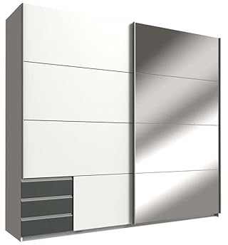 Froschkönig24 Seattle Schwebetürenschrank Schiebetürenschrank mit Spiegel Weiß/Graphit, Passepartout (Rahmen):ohne Passepartout