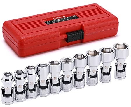 CASOMAN 3/8 Drive Universal Joint Socket Set- 10 Piece Flex Socket Set, 6-Point, Cr-V, Metric, 10-19mm