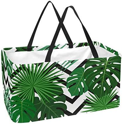Rechteckiger Einkaufskorb Wäschekörbe Stoff Aufbewahrungsbehälter Boxen Exotic Jungle Tropical Palm Leaves mit Schwarz Weiß Zick Zack