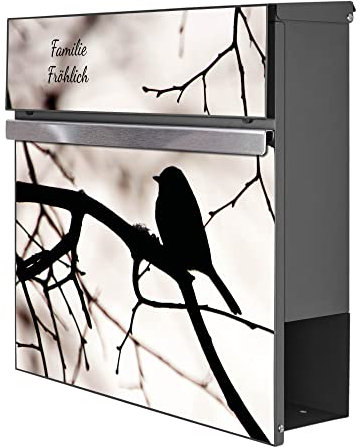 banjado® Briefkasten personalisiert Anthrazit mit Motiv Früher Vogel/Briefkasten mit Zeitungsfach 37x37x10,5 cm/Postkasten A4 Einwurf inkl. Montagematerial & 2 Schlüsseln