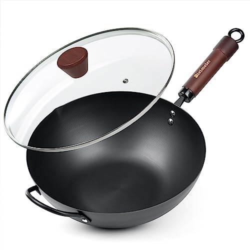BIELMEIER Wokpfanne mit Deckel, vielseitiger und langlebiger Wok aus Karbonstahl – natürliche antihaftbeschichtete Woks und Rührpfannen, Wok mit flachem Boden, geeignet für alle Herdarten – perfekt