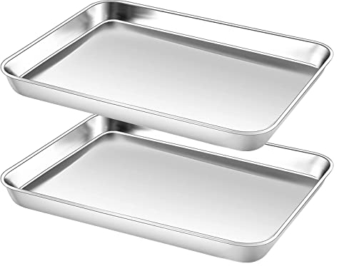 JAOMON Set di 2 Teglie da Forno in Acciaio Inox Teglia Rettangolare per Pizza Professionale Teglia Vassoio per Torte, Antiaderente e Lavastoviglie, Teglia per Brownie Piccola per Cottura 23x17cm