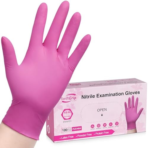 SwiftGrip Fuchsia Pink Nitrile Gloves, Food Safe Disposable Gloves Latex Free & Powder Free, Finger Texture Enhanced Grip for Food Prep, Cleaning, Hair Dyeing (Box of 100, Medium)