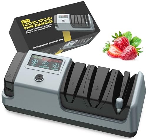 YOORLEAY Aiguiseur de couteaux électrique 5 en 1, 3 vitesses de rotation, aiguiseur électrique réglable, adapté aux couteaux à lame droite, aux couteaux dentelés, aux couteaux à hacher et aux ciseaux