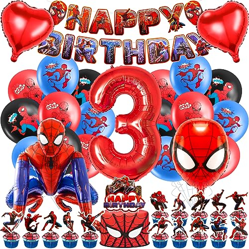Geburtstagsdeko 3 Jahre, 3D Spider Luftballon Kindergeburtstag Deko Geburtstag, Kinder Party Deko, Tortendeko, Happy Birthday Banner für Jungen, Mädchen, Kinder, Thema Party