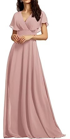 WSEYU Robes de demoiselle d'honneur, robes formelles pour invitées de mariage pour femmes, robes de soirée, robes tendance 2023, trapèze, col en V, longue mousseline de soie, vieux rose, 42