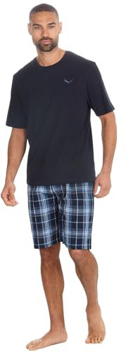 INSIGNIA Mens Pyjamas Set Short Sleeve T-Shirt Top & Woven Shorts Pants (Navy Emblem, L)