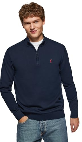 Polo Club Pull Bleu Marine en Maille à col Montant et Fermeture éclair et Logo brodé Homme