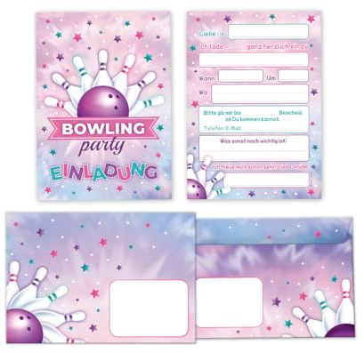 Minkocards 8 Einladungskarten incl. 8 Umschläge Kindergeburtstag Bowling Kegeln Bowling-Party Mädchen Einladung Mädchengeburtstag