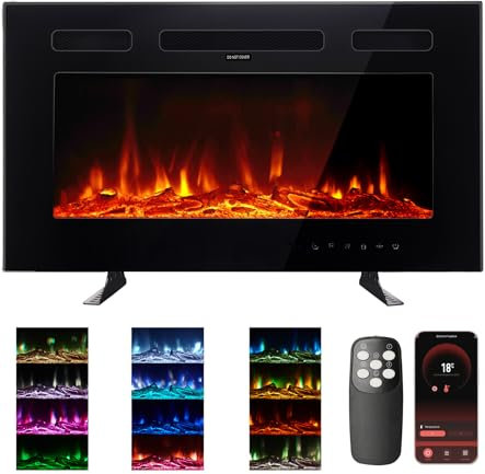 M.C.Haus Ultra-Thin Electric Fireplace Low Noise, 12 Variable & Breath Colors Flame, Recessed Wall Mounted Free Standing, Touch Screen & Remote Control, Crystal & Log Set(76cm/30inch, Smart Wi-Fi)