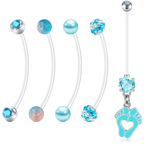 WillTen 14G Schwangerschaft Bauchnabel Stäbe Blau, 5Pcs 35mm Mutterschaft Belly Bar Dangly Lang Belly Bar Kunststoff Bauch Bar Bälle, Bioflex Lang Schwangerschafts Piercing Bauch für Frauen