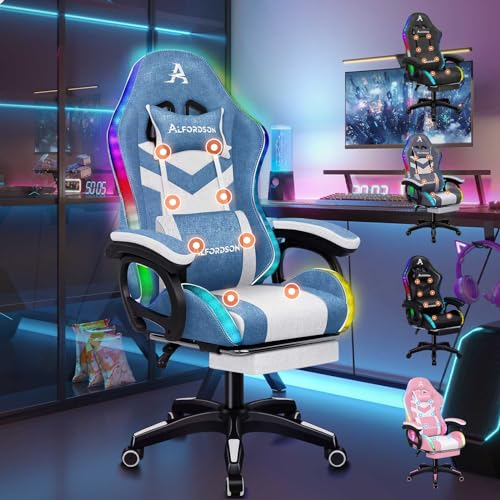 ALFORDSON LED Silla Gaming, Silla Gamer con Masaje de 8 Puntos, Silla de Ordenador Ergonómico con Iluminación RGB con Soporte Lumbar y Reposacabezas, Altura Ajustable, Tela, Azul y Blanco
