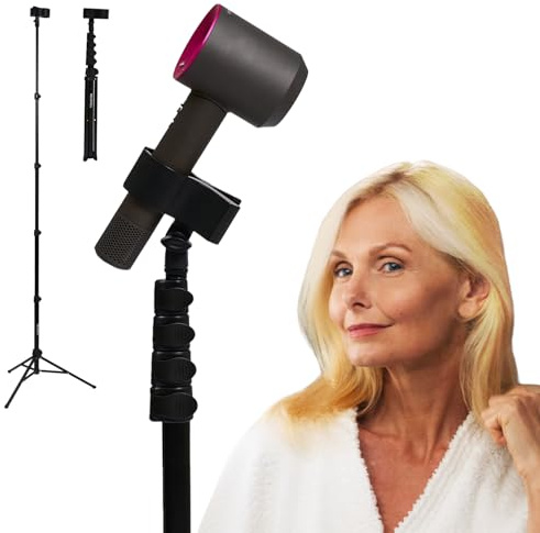 RELMITALL Support de sèche-cheveux - Support de sèche-cheveux réglable robuste de 66 à 188 cm avec trépied antidérapant et clip universel - Mains libres pour soulager la douleur des épaules gelées, de