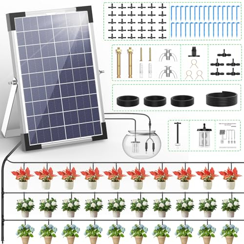 TRJZWA Sistema di Irrigazione Solare, Sistema di Irrigazione Automatica Solare da 5W Computer di Irrigazione con Timer Integrato 35m di Tubo D'acqua 30 Gocciolatori per Giardino Serra Piante in Vaso