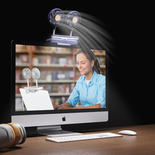 Ventilador de monitor de doble cabezal con abrazadera y barra de luz, lámpara de escritorio con ventilador para oficina en casa, portátil, ventilador de PC, tableta con abrazadera ajustable resistente