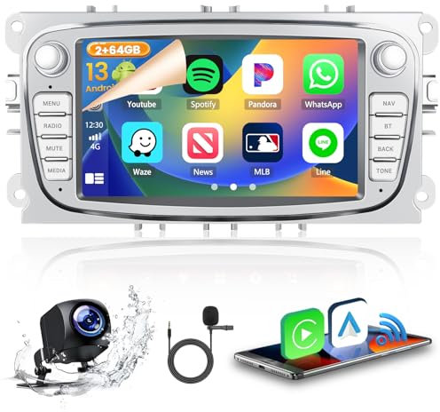 Hikity 2+64GB Android 13 Autoradio per Ford Focus II S-Max Mondeo 9 Galaxy II C-Max Radio CarPlay Android Auto 7 Pollici Touchscreen Auto Radio WiFi GPS FM RDS Telecamera Posteriore