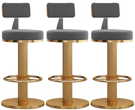 UIOPPOI Moderne Barhocker, 3er-Set, drehbarer Barhocker aus Samt, Barstühle mit Thekenhöhe, höhenverstellbar für die Heimbar, Kücheninselstuhl, Grau + Gold