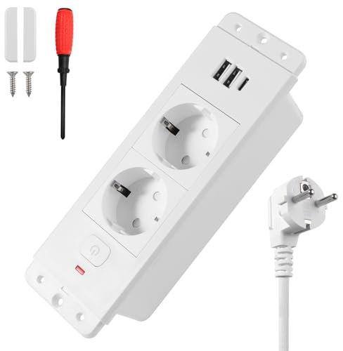 HTTYHT Toma Empotrable de Escritorio con Interruptor USB Tipo C PD20 W Toma de Empotrar de Sobremesa Regleta de Escritorio Empotrable con Cable de 1,7M para Hogar o Superficies de Trabajo-Blanco