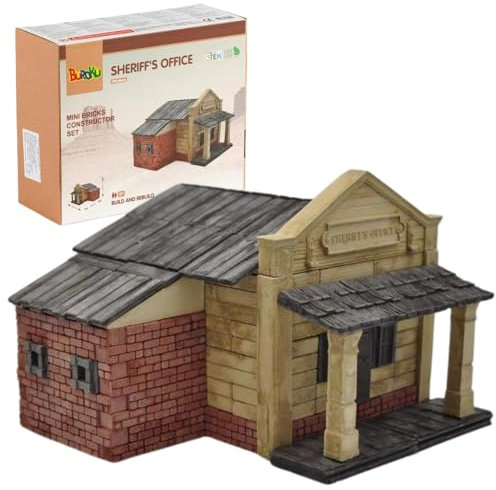 Buroku Westernbau-Set, 290 Teile, realistisches Sheriff-Büro, Steinsteine, fördert STEM-Lernen und motorische Fähigkeiten, für Kinder und Erwachsene, inklusive Kleber