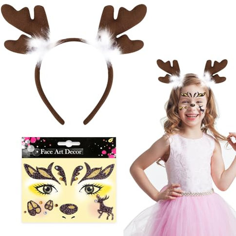 Rentier Kostüm Set, Geweih Haarreif + Gesichtstattoo Rentier Face Art Sticker, Karneval Deko Rentier Kostüm Kinder Erwachsene, Haarreif Rentier für Weihnachten Karneval Fasching Cosplay Party Zubehör
