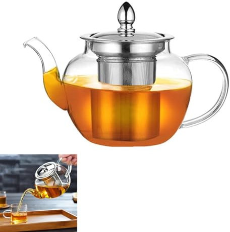 Round Glass Tea Pot Borosilicate Glass Teapot with Tea Filter,Small Teapots for 2,Glass Teapot for Gas Stove for Lose Tea/Coffee (600ML)